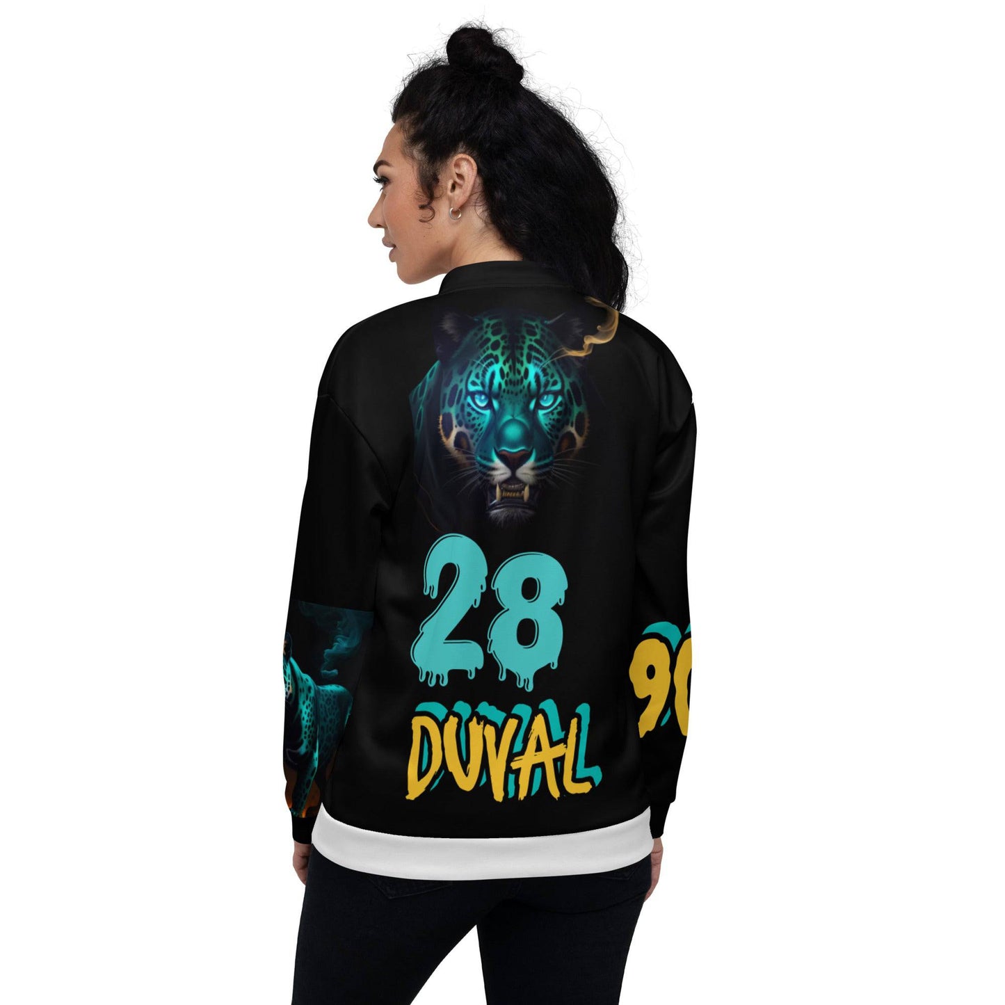 Add a little zing for your favorite Duval Team the jaguars of Jacksonville. This was inspired for those Florida jaguar fans scattered all over the nation. Wear it on a basic t-shirt, or layer it on top of a warm hoodie—it’ll look great either way. With a brushed fleece inside, and a relaxed unisex fit, this Bomber Jacket is just the stuff of the dreams, so be quick to grab yourself one! Vintage Jaguars Football Jacket.