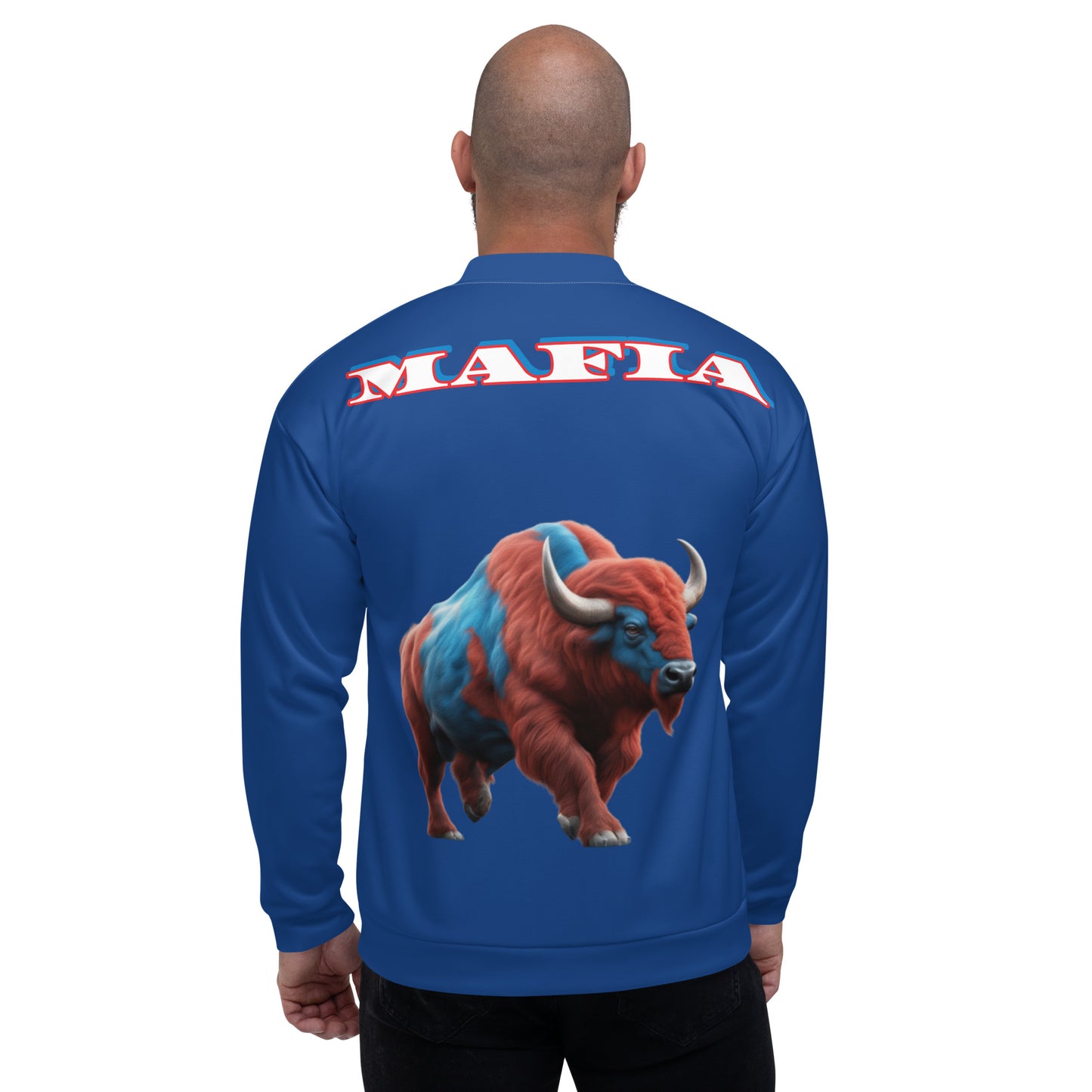 Stylish ABE Blue Bills Team Jacket featuring a bold buffalo design, perfect for fans showcasing their team spirit.