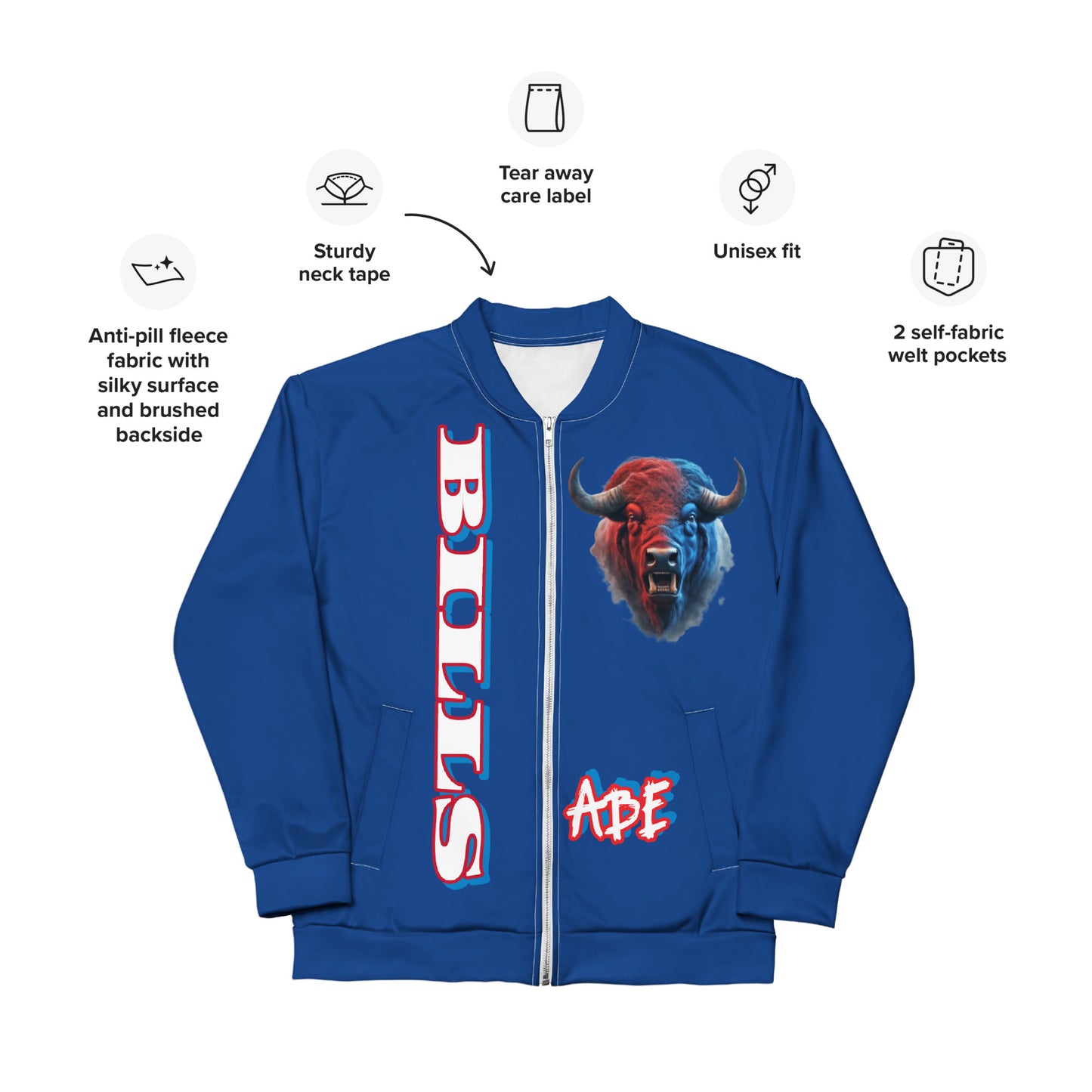 Stylish ABE Blue Bills Team Jacket in vibrant blue, perfect for fans showcasing their spirit in unisex fashion.