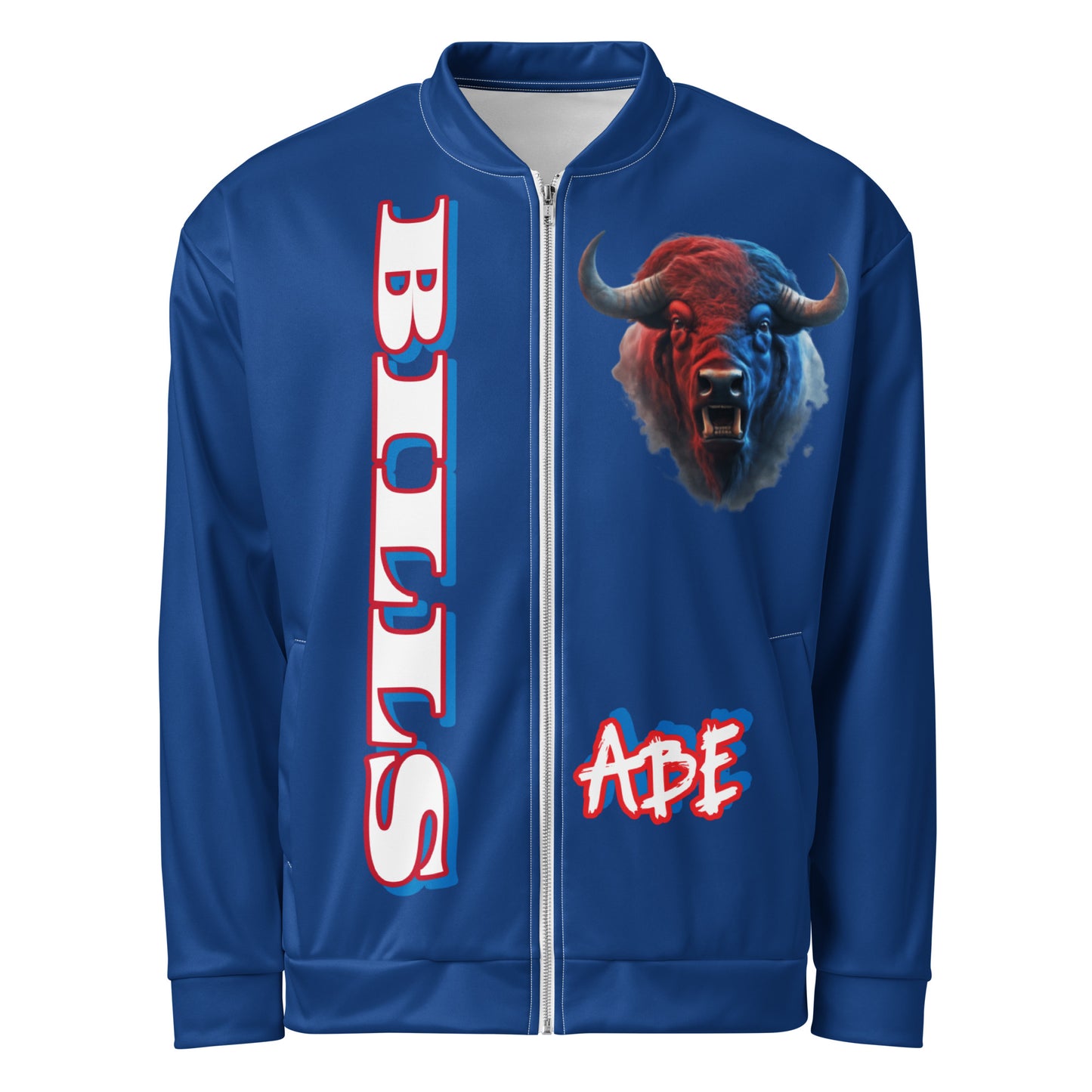Stylish ABE Blue Bills Team Jacket featuring bold graphics, perfect for fans showcasing their American spirit.
