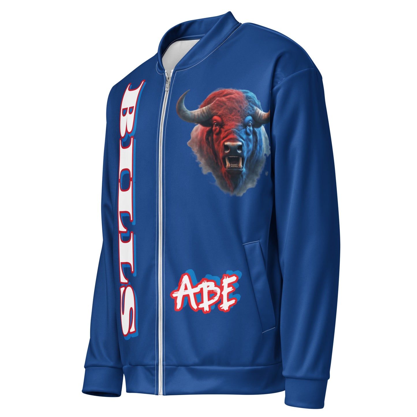 Stylish ABE Blue Bills Team Jacket featuring a bold buffalo graphic, perfect for showing team spirit in any season.