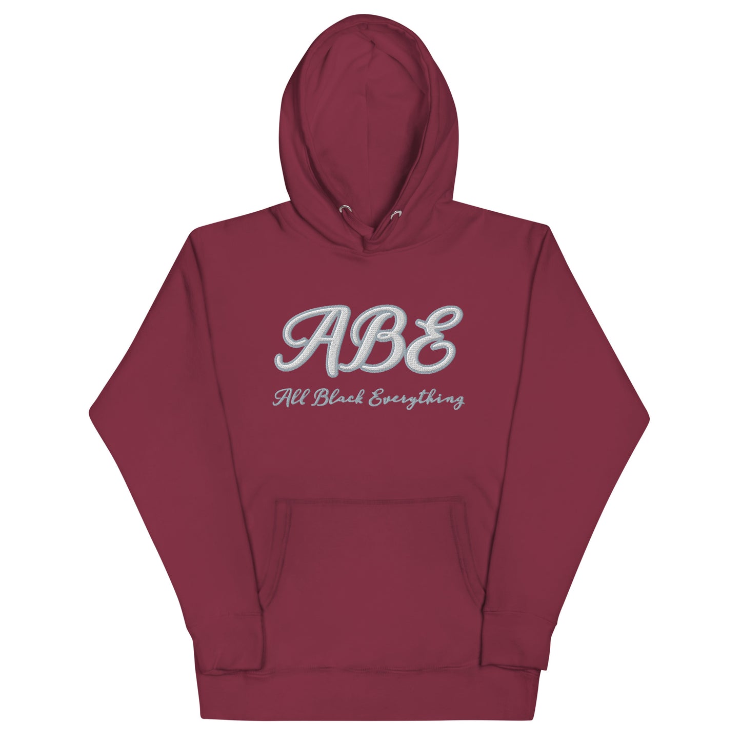 ABE Grey Embroidered Hoodie in maroon, featuring a stylish design and cozy pouch pocket for ultimate comfort.