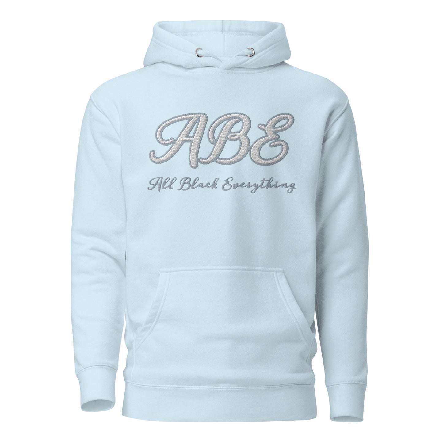 ABE Grey Embroidered Hoodie in soft blue with stylish design and pouch pocket, perfect for chilly evenings.