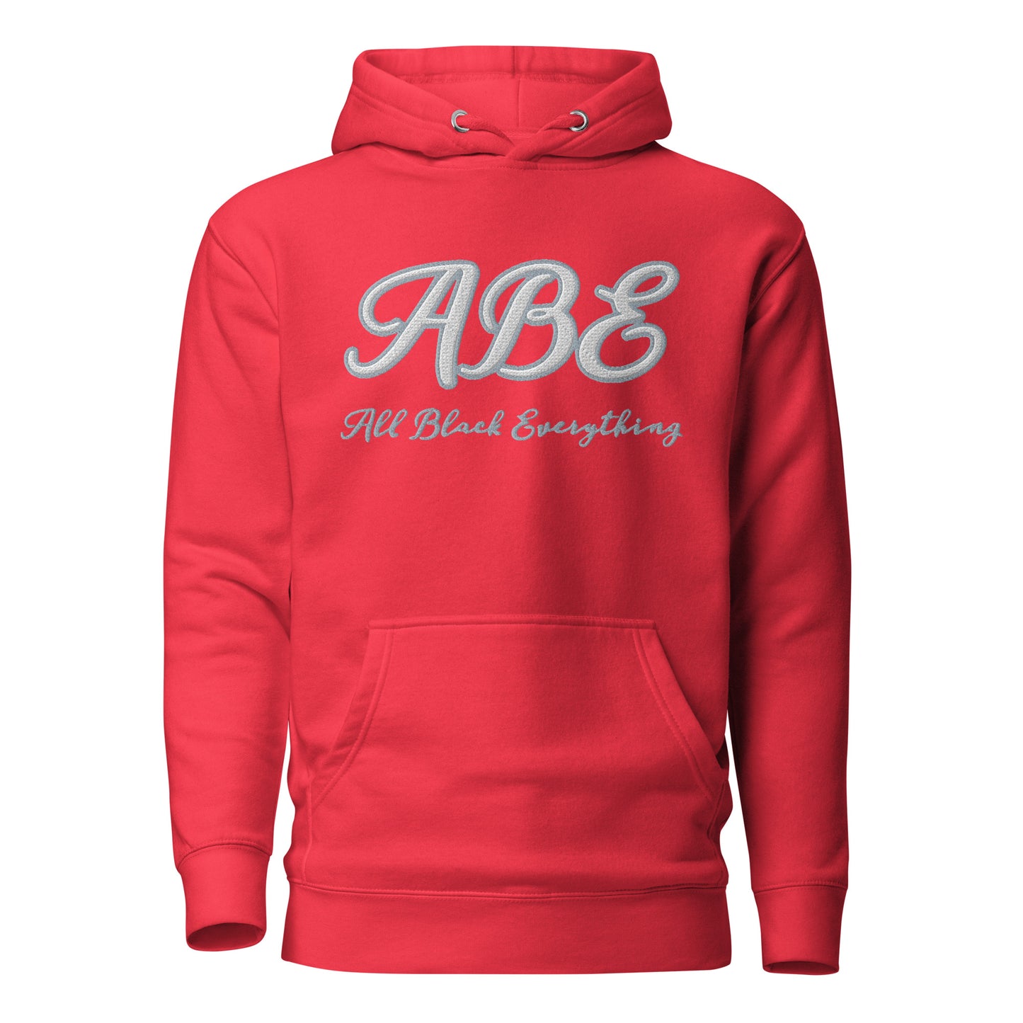 ABE Grey Embroidered Hoodie features a stylish design with a pouch pocket, perfect for streetwear enthusiasts.