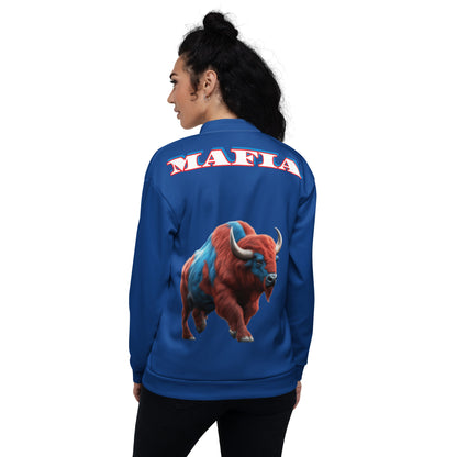 Stylish ABE Blue Bills Team Jacket featuring a bold buffalo design, perfect for fans showing their spirit.