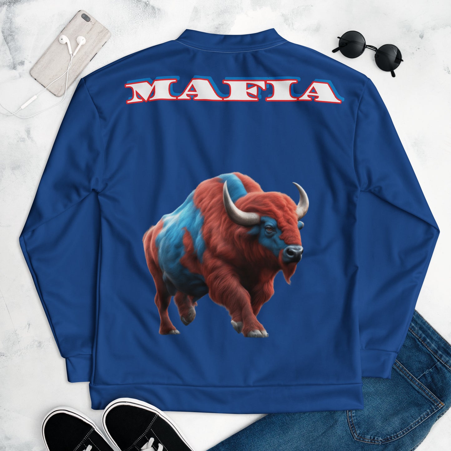Stylish ABE Blue Bills Team Jacket featuring a bold buffalo design, perfect for fans showing team spirit.