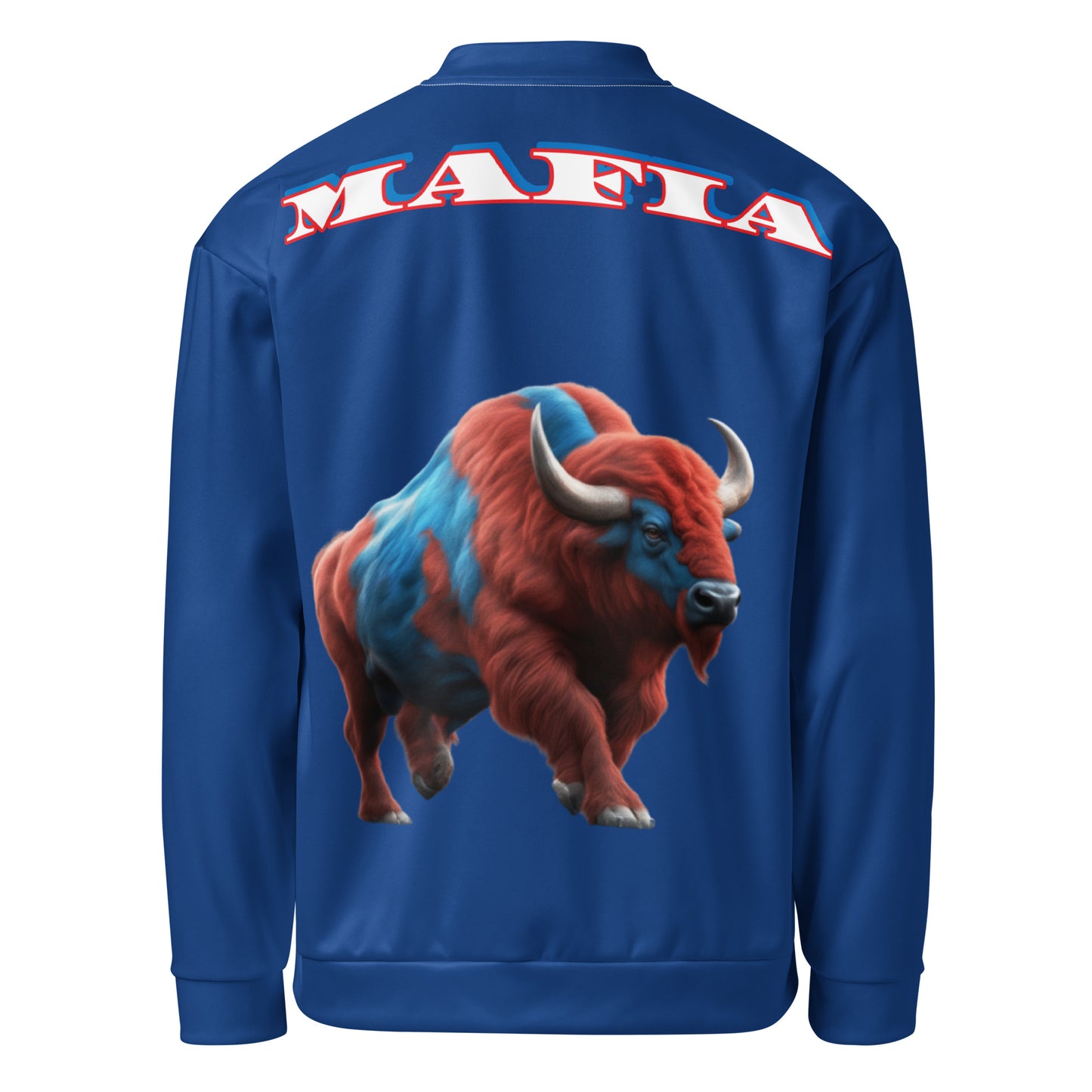 Stylish ABE Blue Bills Team Jacket featuring a bold buffalo design, perfect for showing team spirit and swag.