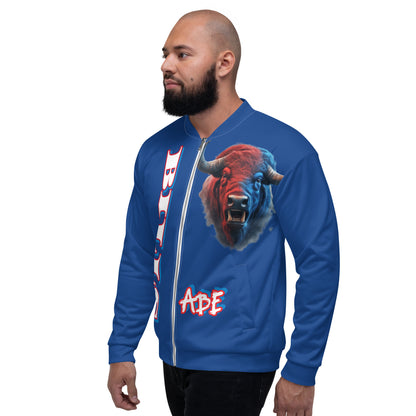 Stylish ABE Blue Bills Team Jacket featuring bold graphics, perfect for fans showcasing their team spirit.