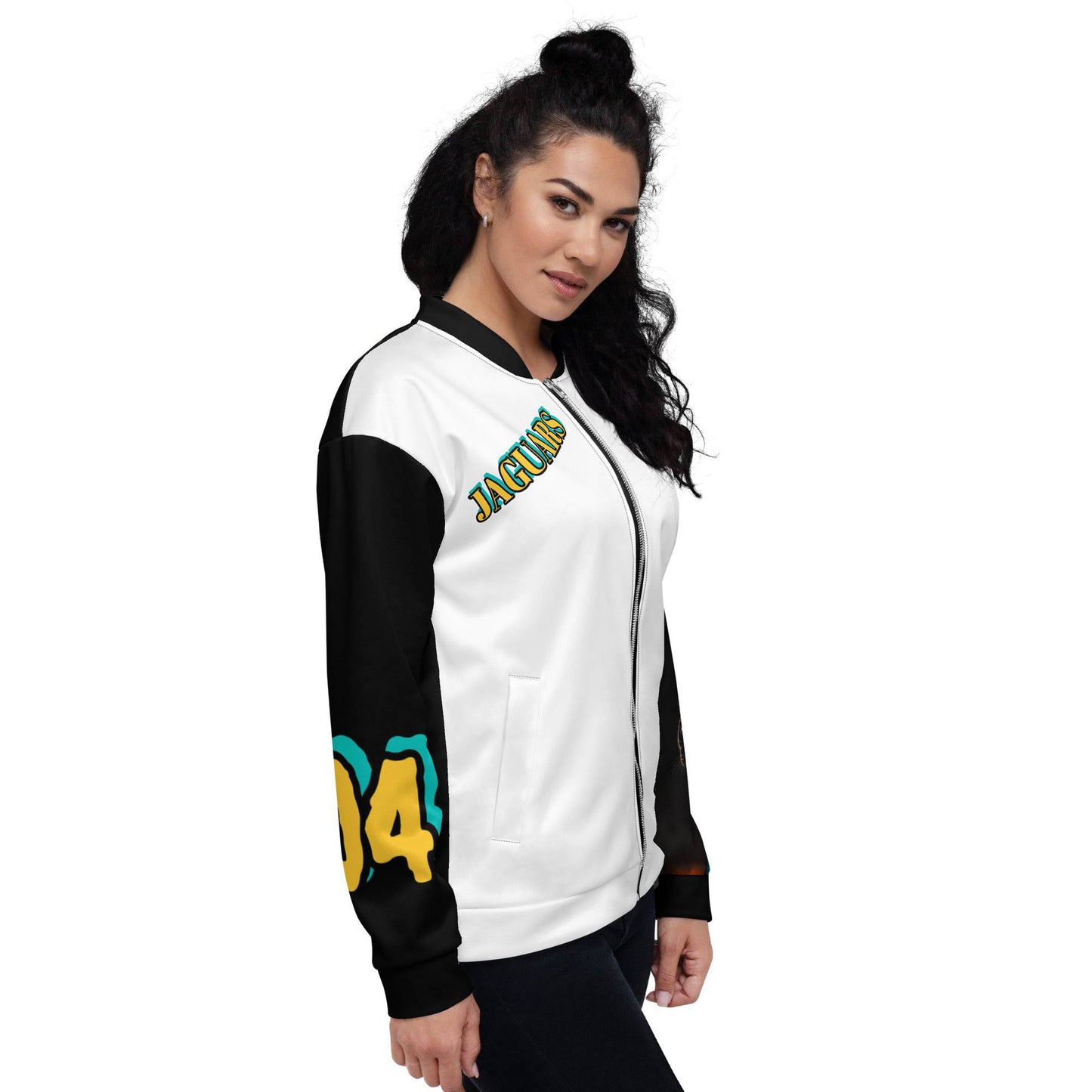 Add a little zing for your favorite Duval Team the jaguars of Jacksonville. This was inspired for those Florida jaguar fans scattered all over the nation. Wear it on a basic t-shirt, or layer it on top of a warm hoodie—it’ll look great either way. With a brushed fleece inside, and a relaxed unisex fit, this Bomber Jacket is just the stuff of the dreams, so be quick to grab yourself one! Vintage Jaguars Football Jacket.