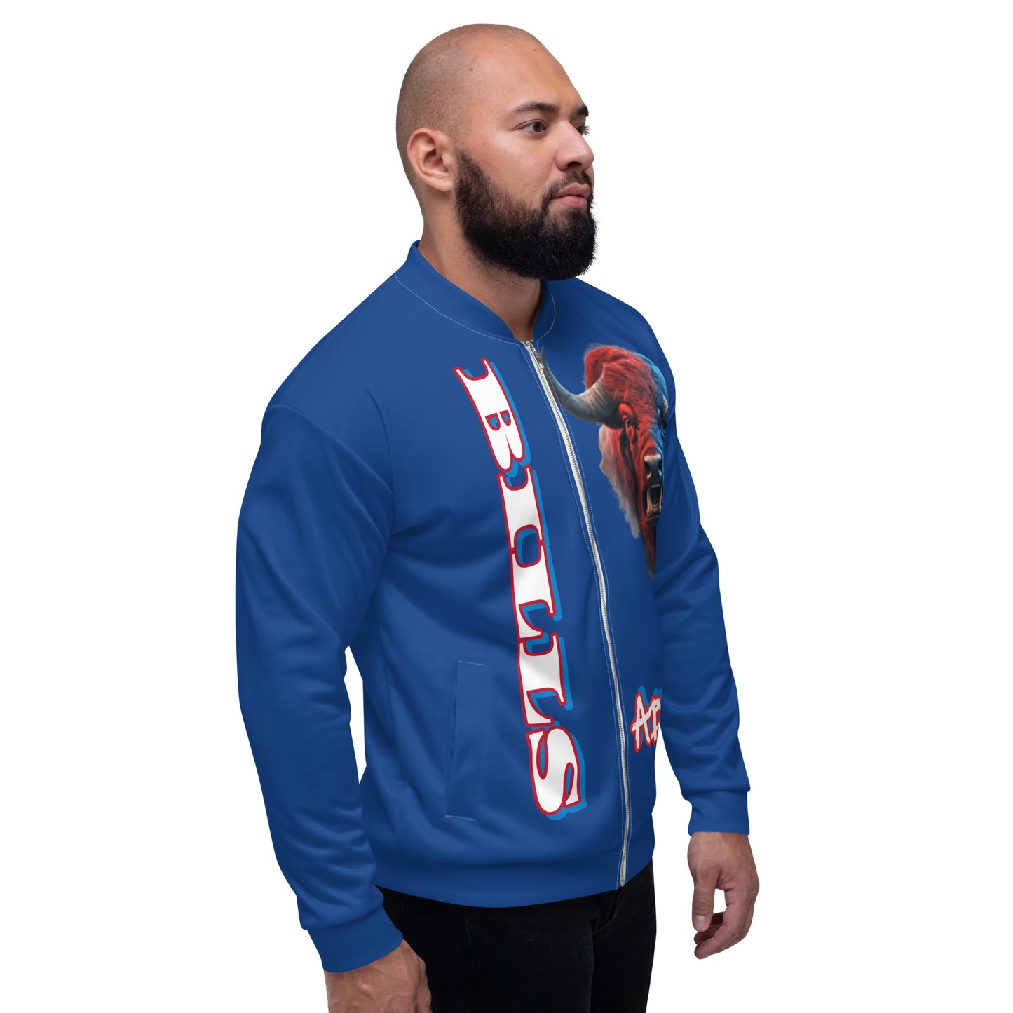 Stylish ABE Blue Bills Team Jacket featuring bold graphics, perfect for showing your team spirit in any season.
