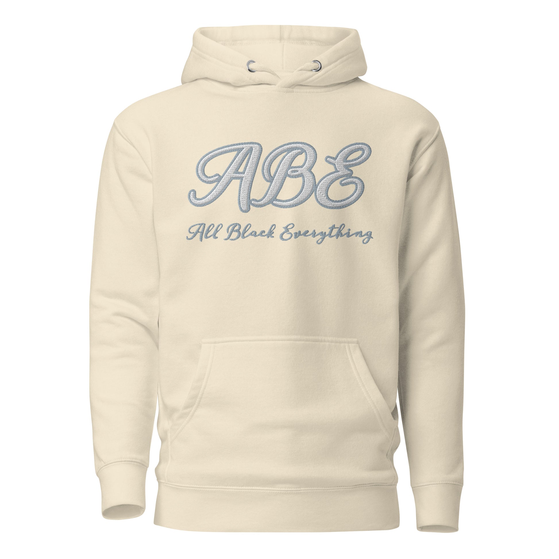 ABE Grey Embroidered Hoodie features a stylish design and cozy pouch pocket, perfect for chilly evenings.