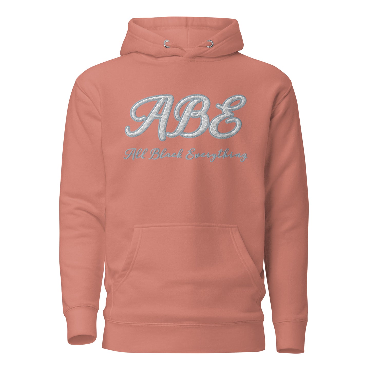 Stylish ABE Grey Embroidered Hoodie in dusty rose, perfect for cozy evenings with a practical pouch pocket.