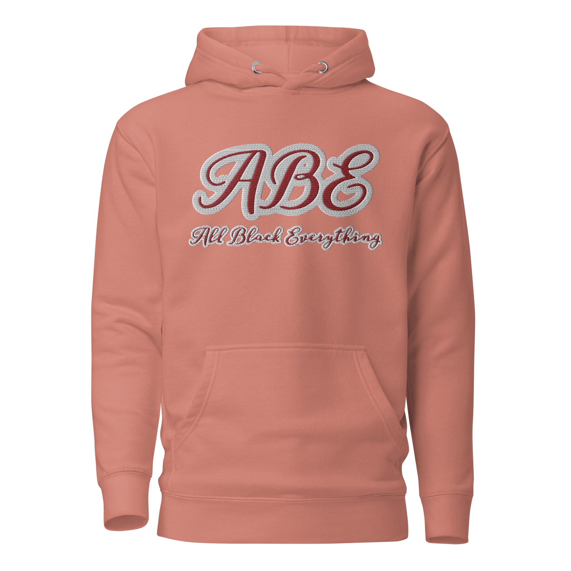 ABE All Black Everything Burgundy Embroidery Unisex Hoodie in dusty rose, perfect blend of style and comfort for streetwear lovers.