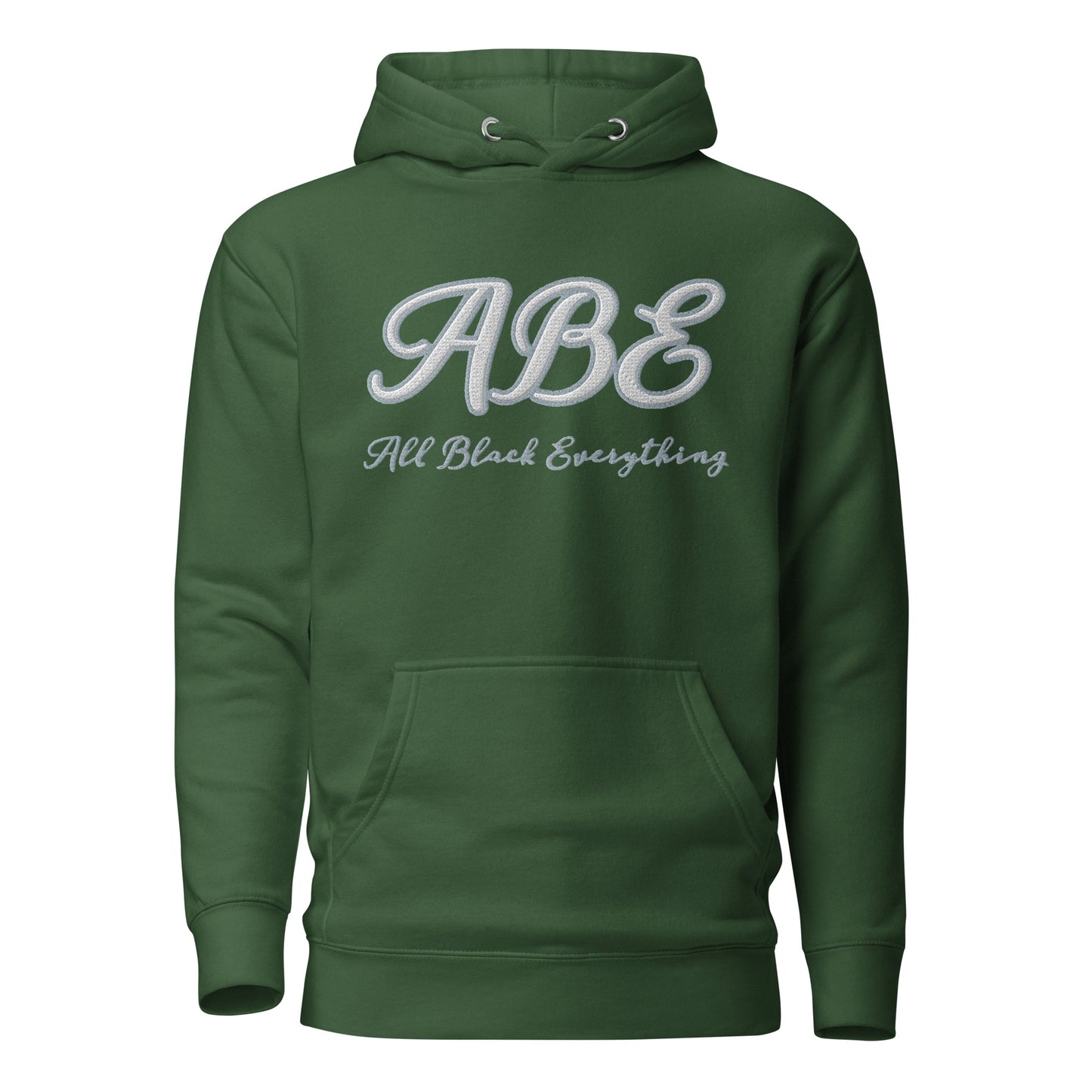 Stylish ABE Grey Embroidered Hoodie in forest green with a cozy pouch pocket, perfect for streetwear lovers.