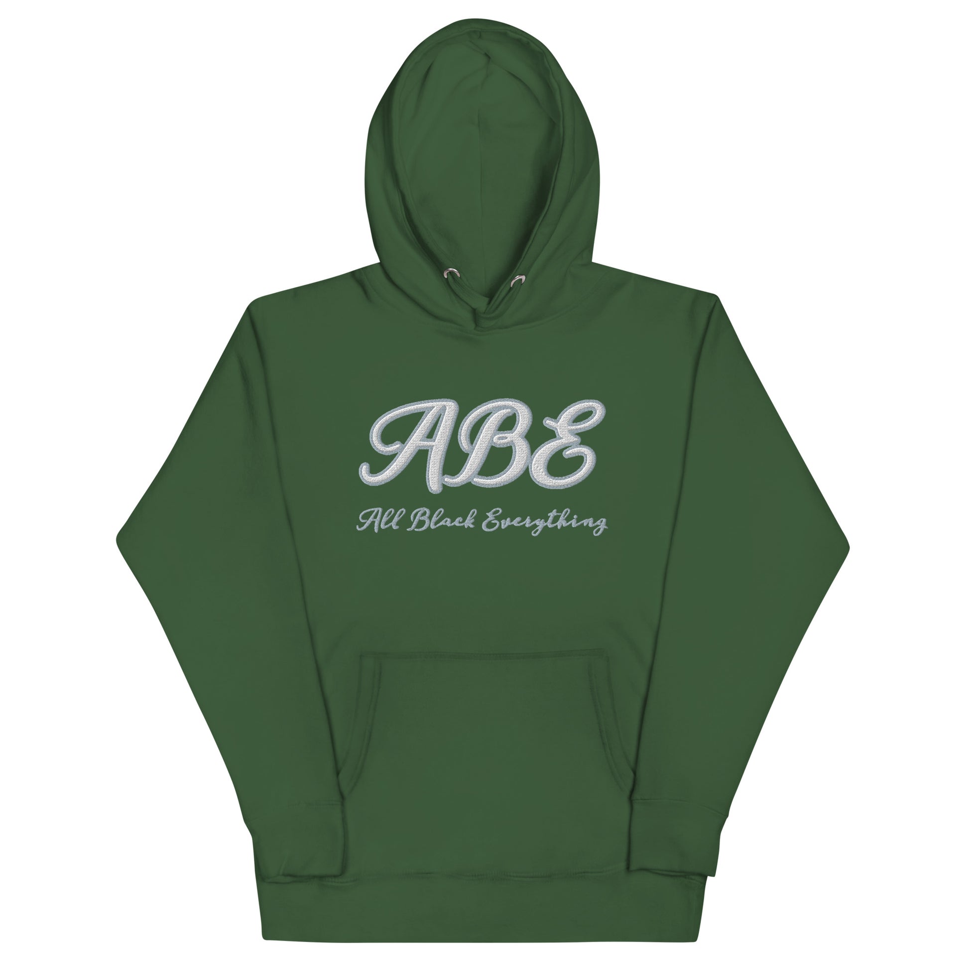 ABE Grey Embroidered Hoodie in forest green featuring stylish embroidery and a cozy pouch pocket for streetwear lovers.