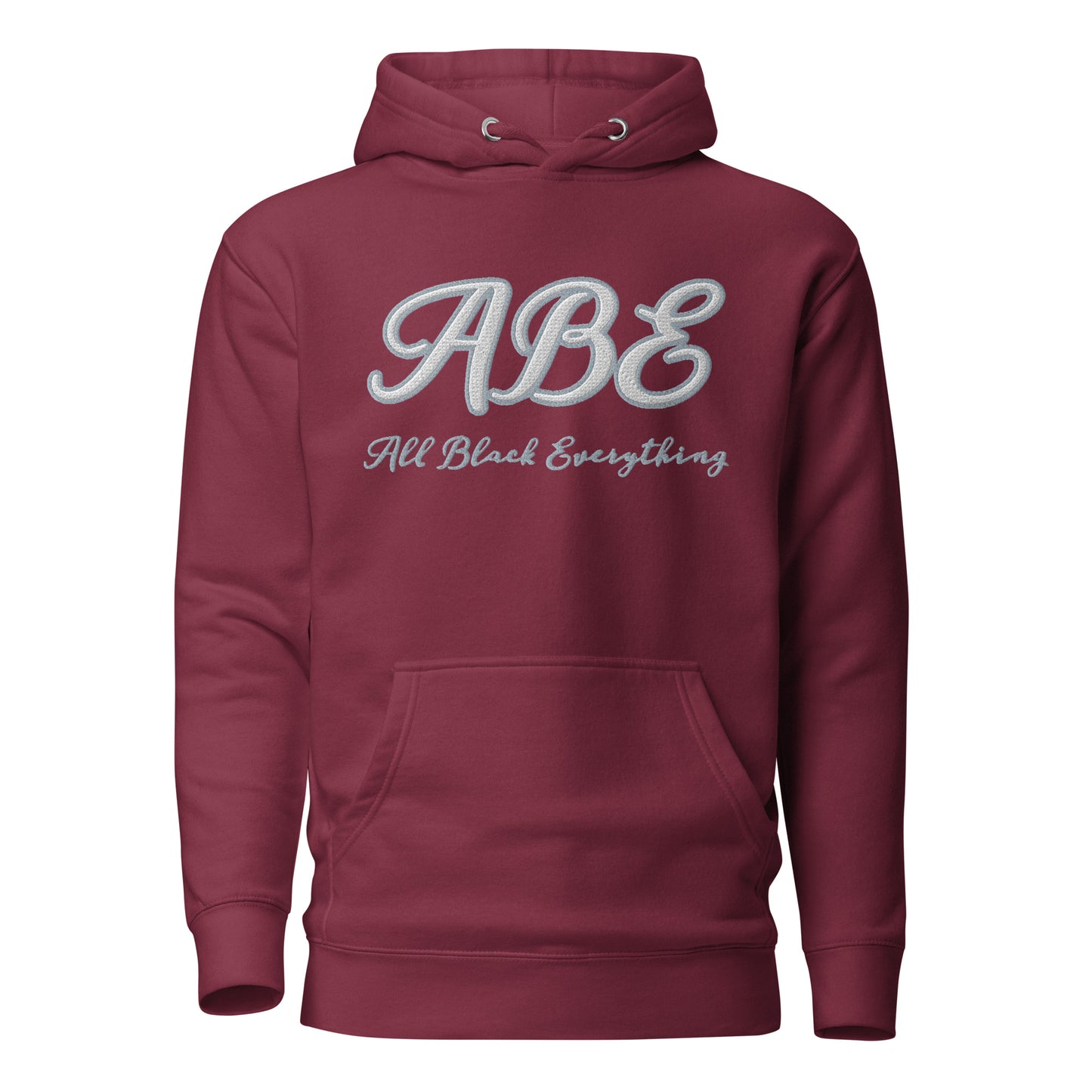 ABE Grey Embroidered Hoodie in maroon features a stylish design and cozy pouch pocket, perfect for chilly evenings.