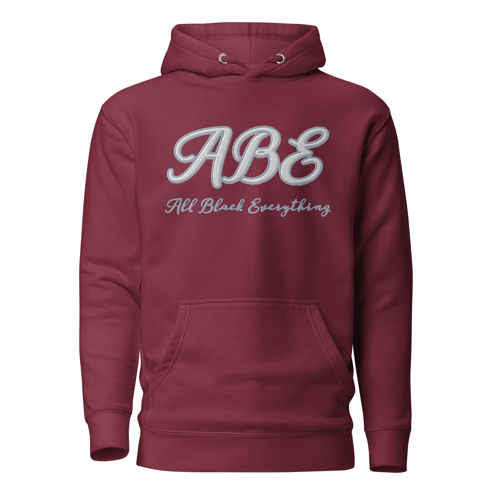 ABE Grey Embroidered Hoodie in maroon features a stylish design and cozy pouch pocket, perfect for chilly evenings.