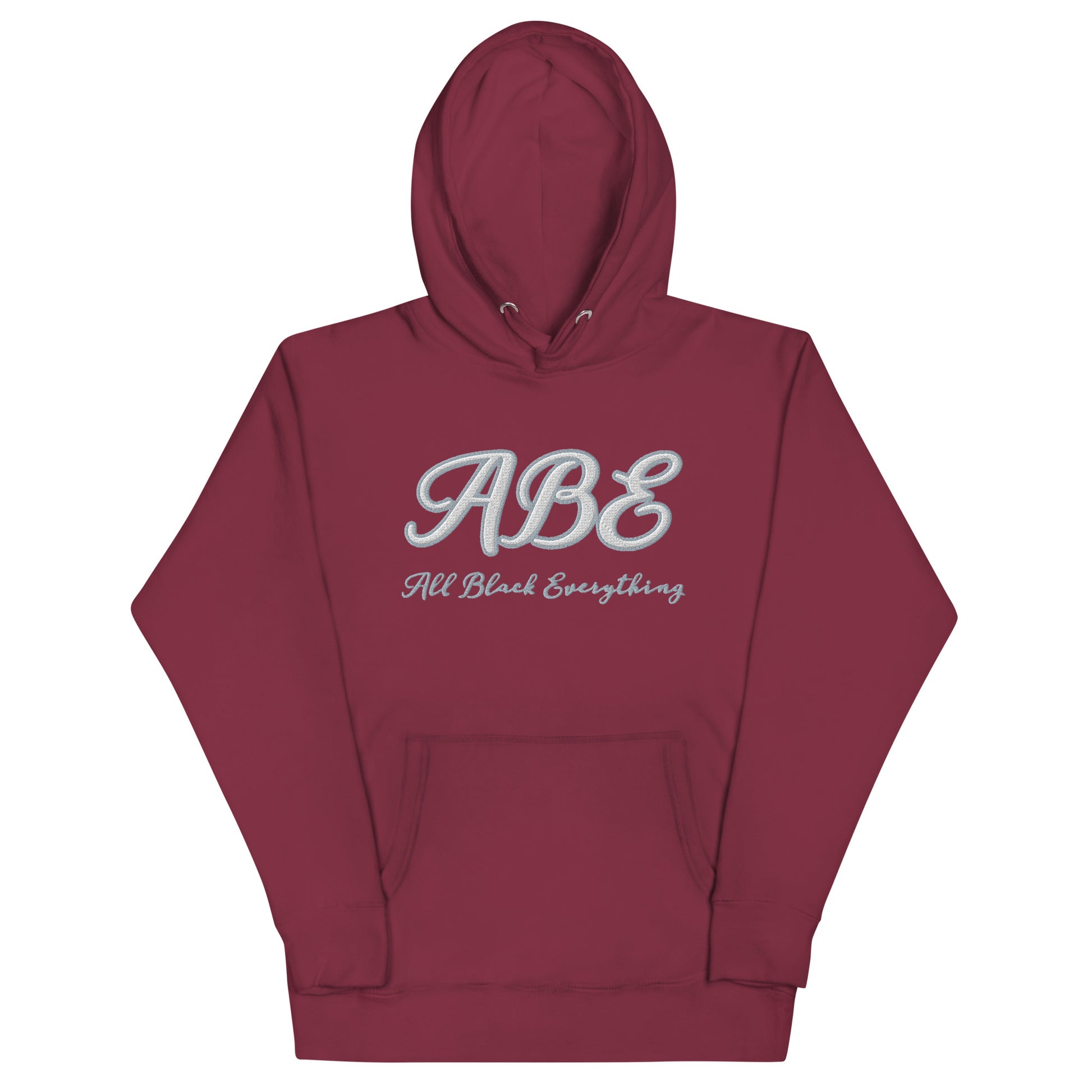 ABE Grey Embroidered Hoodie in maroon, featuring a stylish design and cozy pouch pocket for ultimate comfort.