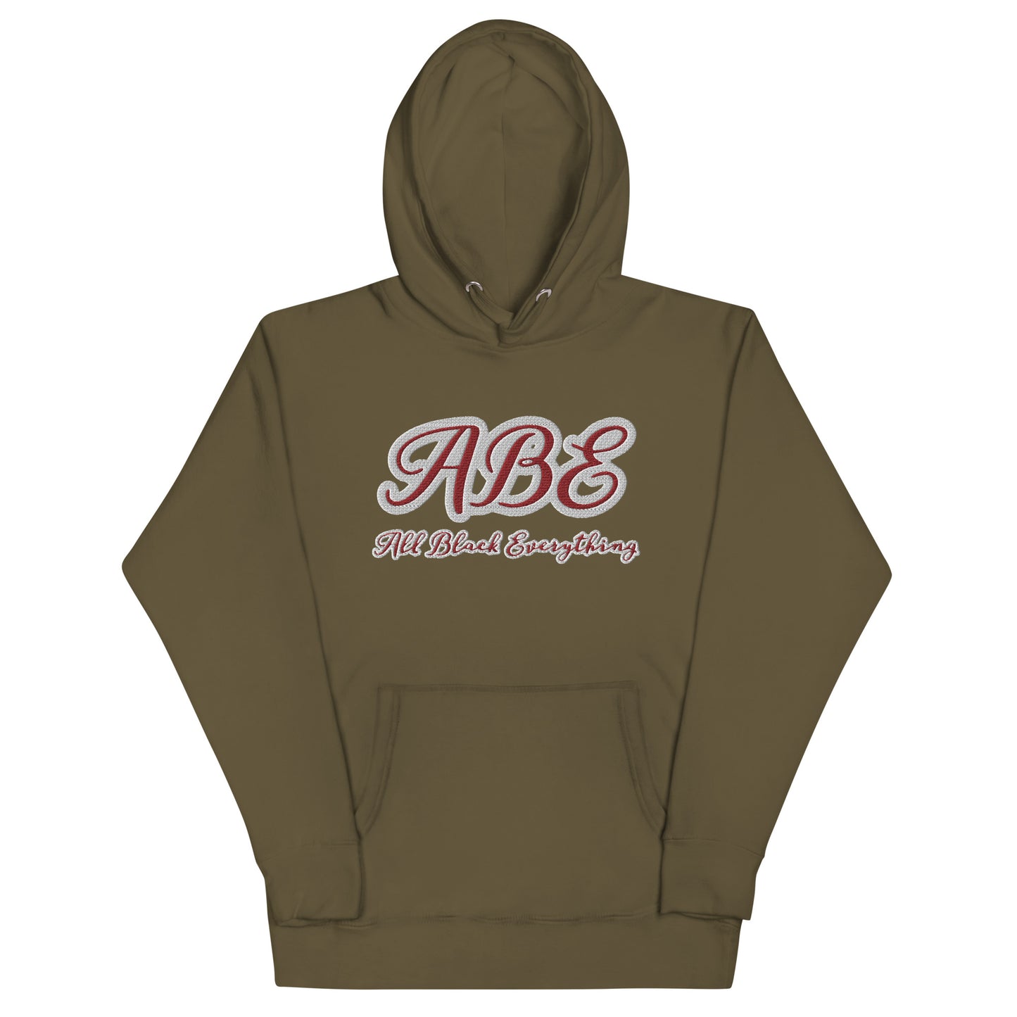 ABE All Black Everything Burgundy Embroidery Unisex Hoodie in military green, perfect for stylish, comfortable streetwear.