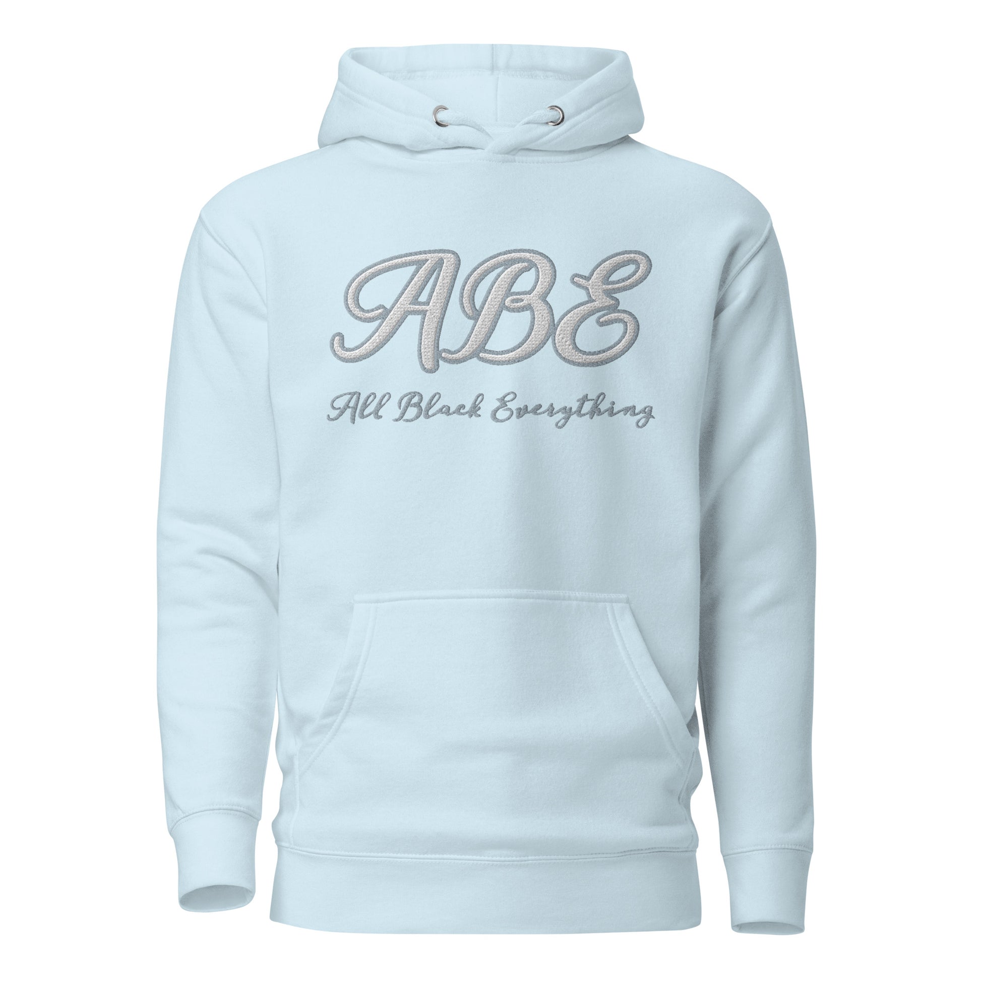 ABE Grey Embroidered Hoodie in soft blue with stylish design and pouch pocket, perfect for chilly evenings.