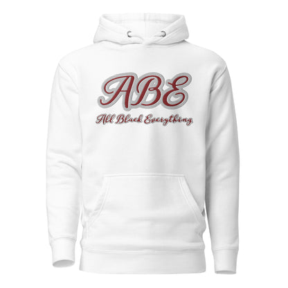 ABE All Black Everything Burgundy Embroidery Unisex Hoodie in white, offering style and comfort for any wardrobe.