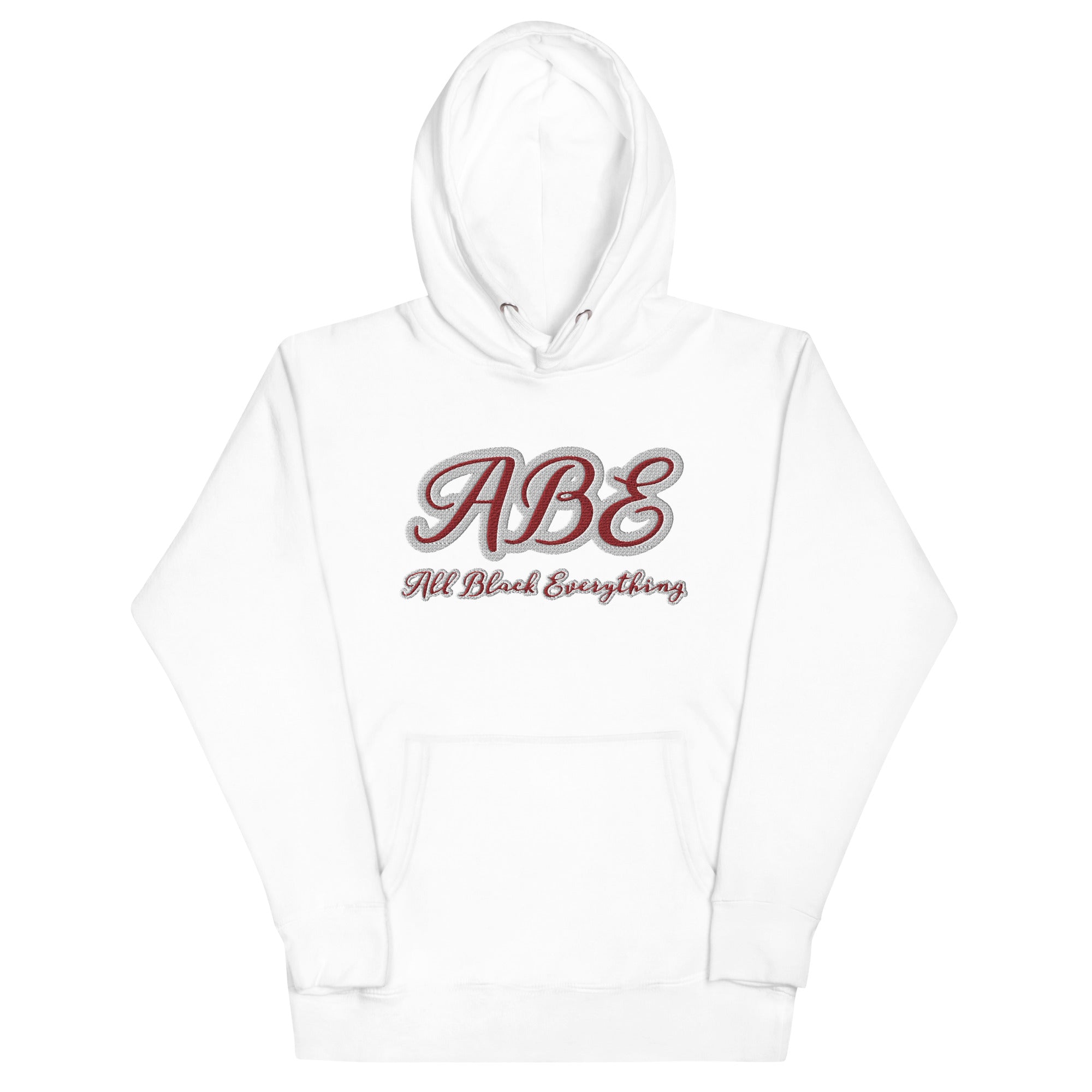 ABE All Black Everything Burgundy Embroidery Unisex Hoodie in white, showcasing stylish embroidery for ultimate comfort.