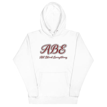 ABE All Black Everything Burgundy Embroidery Unisex Hoodie in white, showcasing stylish embroidery for ultimate comfort.